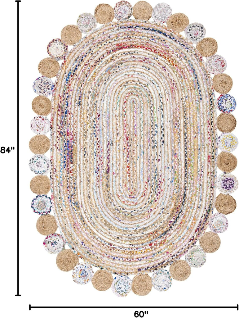 Cape Cod Collection Area Rug - 5' x 7' Oval, Beige & Multi, Handmade Boho Braided Jute & Cotton, Ideal for High