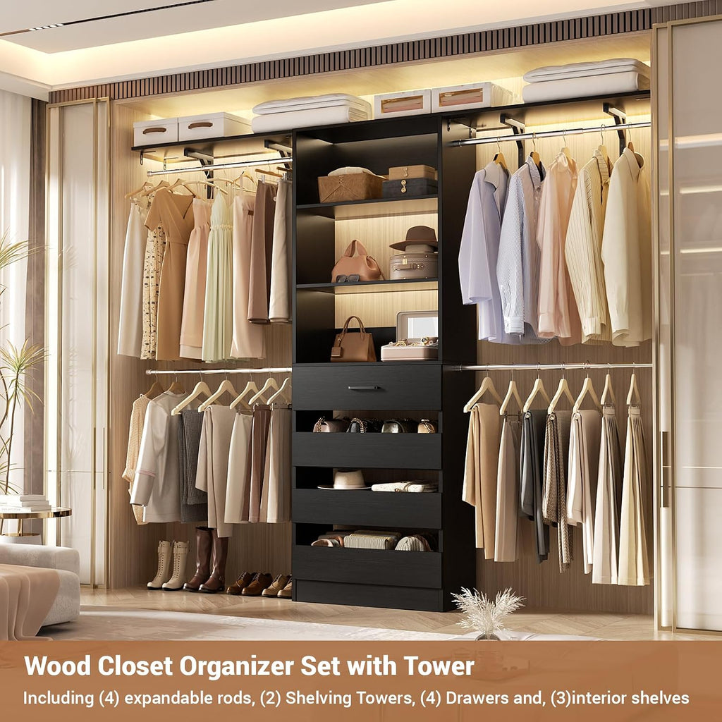 Closet System with 4 Drawers, 8FT Wood Closet Organizer System, 96'' Walk-in Closet Wardrobe with Tower, 4 Hang Rods