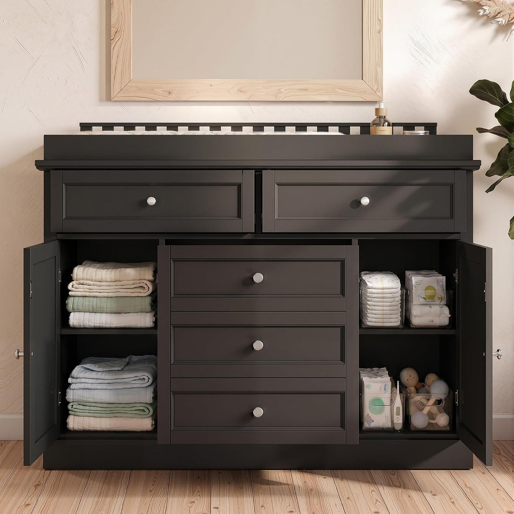 46" Black Baby Changing Table Nursery Dresser with Removable Top | Large Dresser with 5 Storage Drawers and 2 Doors