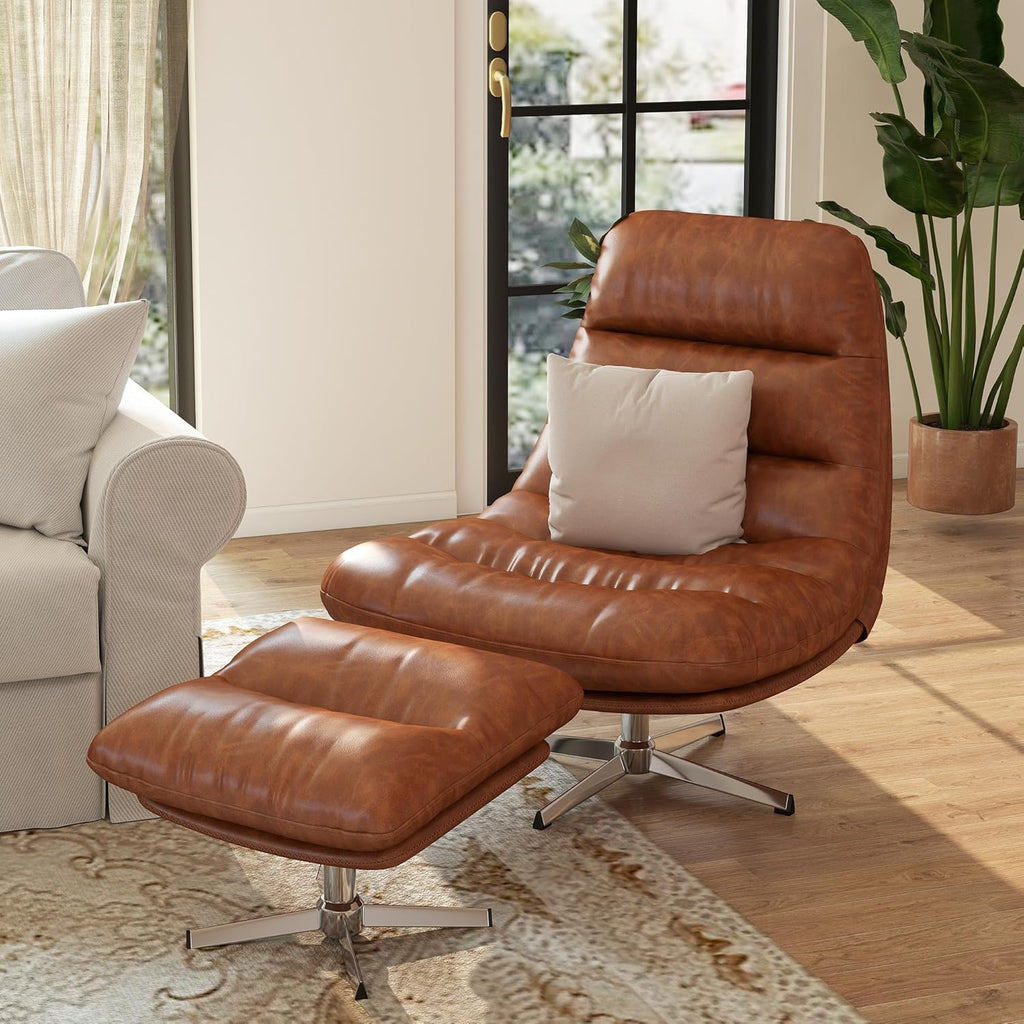 Modern Reading Chair and Ottoman — Brown PU Leather