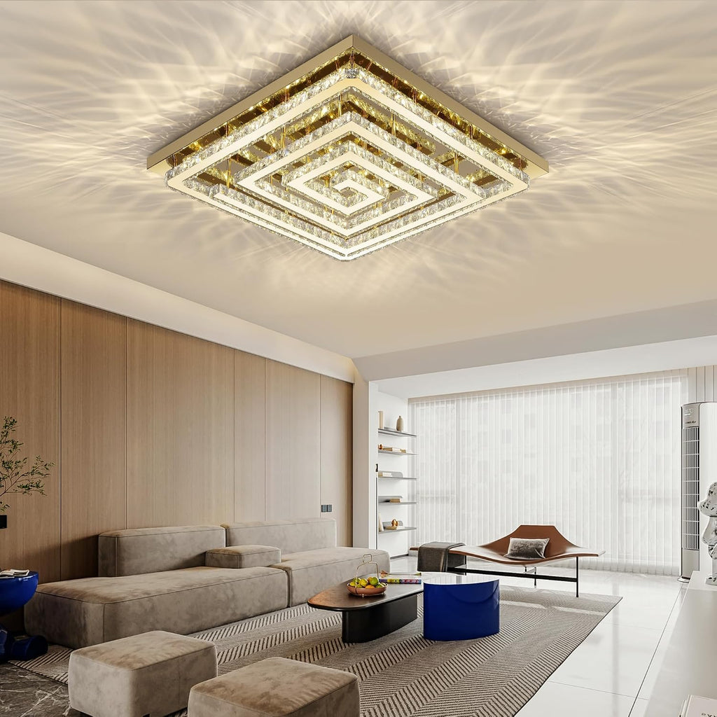 43" Modern Gold Crystal Chandelier with Remote/App Control, Dimmable Flush Mount Ceiling Light Fixture,3-Color