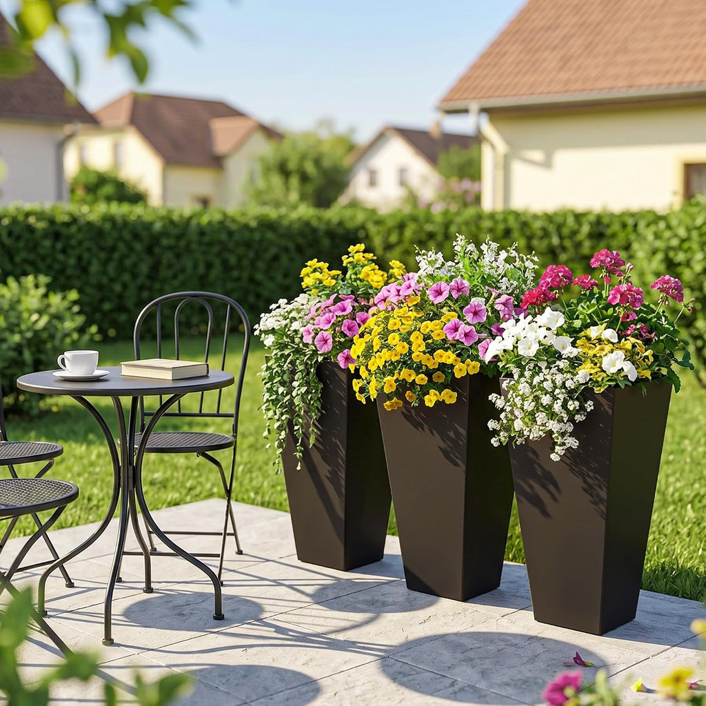 28 in Tall Planters for Outdoor Plants, Set of 3, Brown | Drainage Holes, Taper Indoor Grande Plant Pots, Front Porch