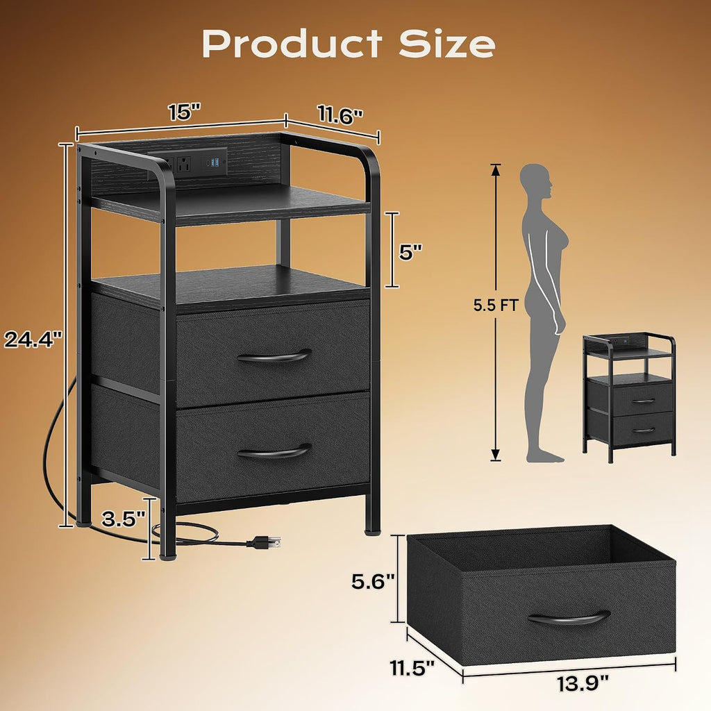 Nightstands Set of 2, Night Stand with LED Lights, Charging Station and USB-C Ports, 2 Drawers Bed Side Table, Open