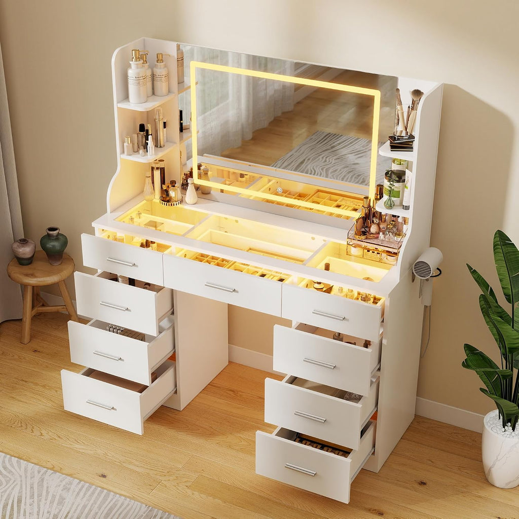 Vanity Desk with Mirror and Lights: 46" Makeup Vanity with 9 Drawers, Large Make Up Desk with Chair, Dressing Table