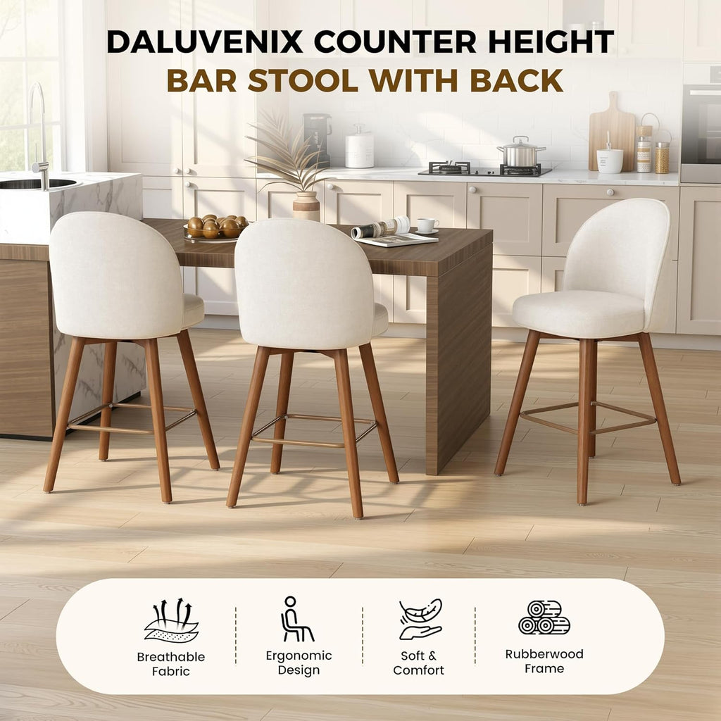 Modern Swivel Bar Stools Set of 3, Chic Upholstered Counter Height（26IN） Bar Chair with Back, Solid Wood Legs