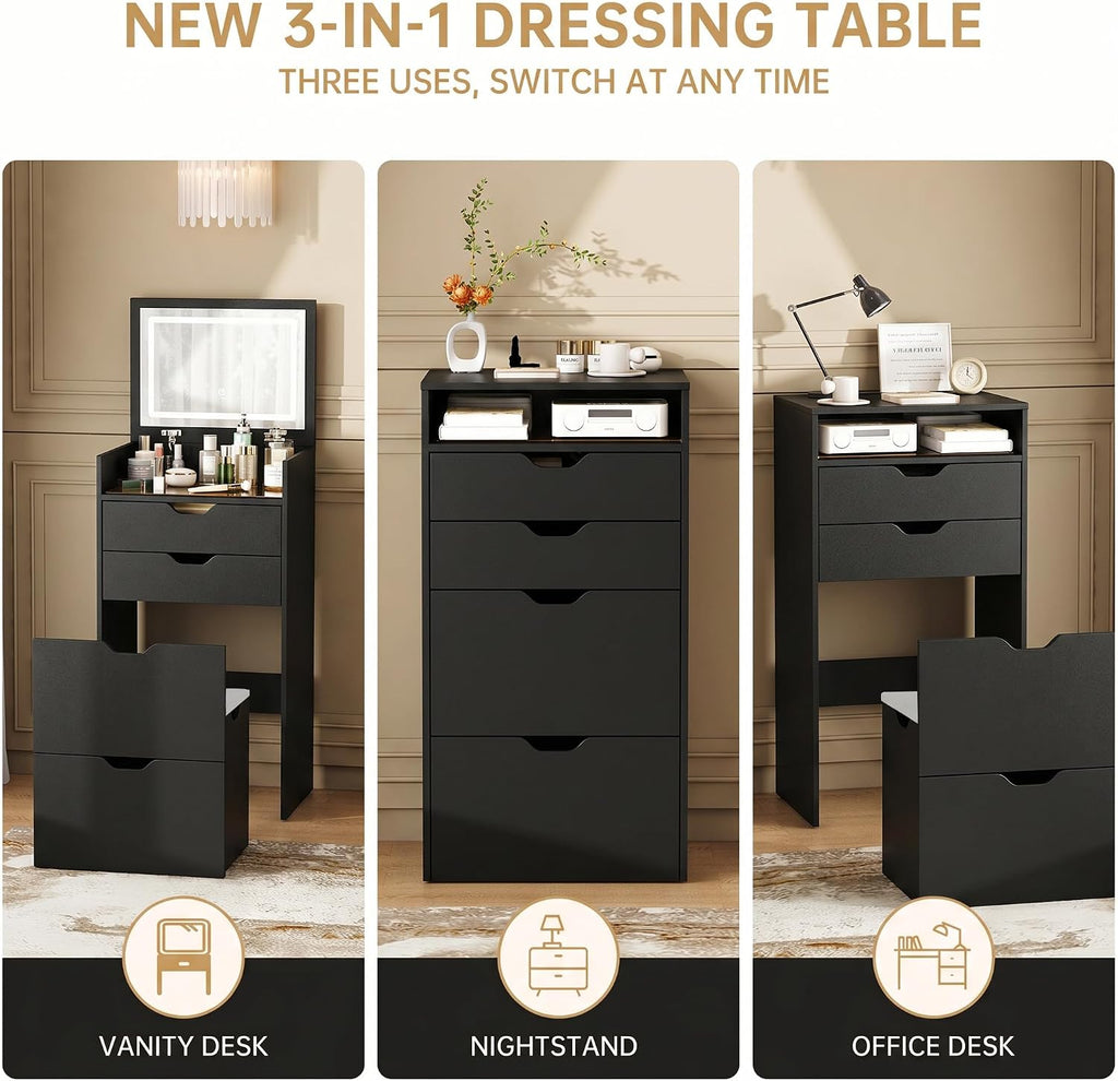 3-in-1 Vanity with Mirror and Lights, Modern Compact Vanity Table with 3 Storage Drawer, Small Makeup Vanity Desk