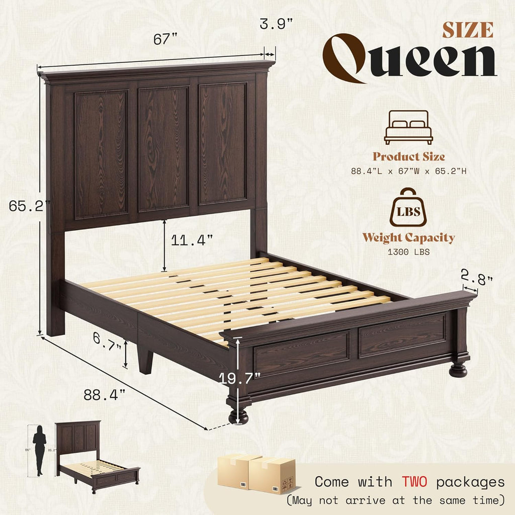 Solid Wood Queen Bed Frame with 65.2" High Headboard, Traditional Platform Bed with Heavy Duty Slats, No Box Spring