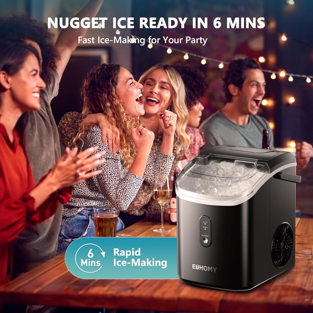 Nugget Ice Maker Countertop with Handle, Ready in 6 Mins, 34lbs Per Day, Removable Top Cover, Auto-Cleaning, Portable