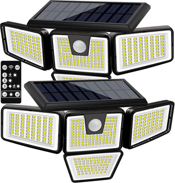 Solar Lights Outdoor, 2 Pack 300 LED High Brightness Cordless Solar Motion Sensor Lights; 4 Adjustable Heads,320°