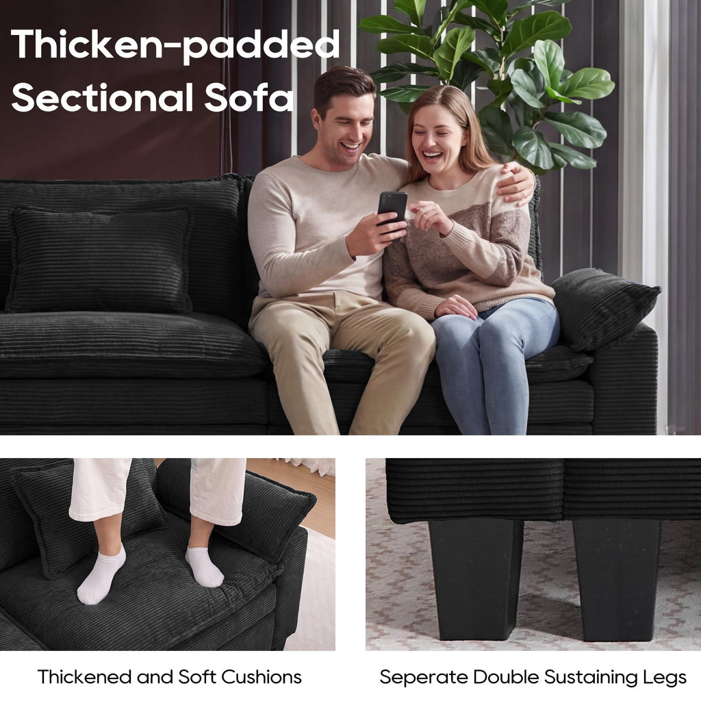Oversized Modular Sectional Sofa, Solid Black:87" I Shaped