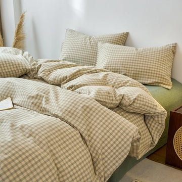 Green Gingham Duvet Cover Set 100% Washed Cotton Grid Duvet Cover Vintage Green Beige Plaid Checkered Bedding