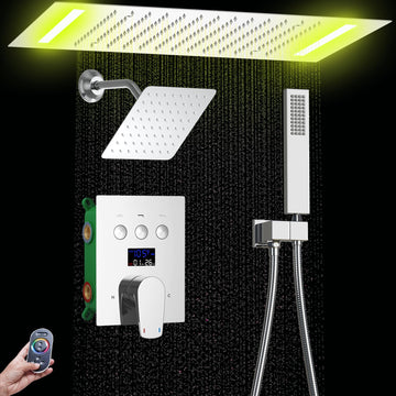 Dual Rain Shower Head System Ceiling Mount 14x20inch LED Shower Head and 8 Inch Side Shower Head with Handheld