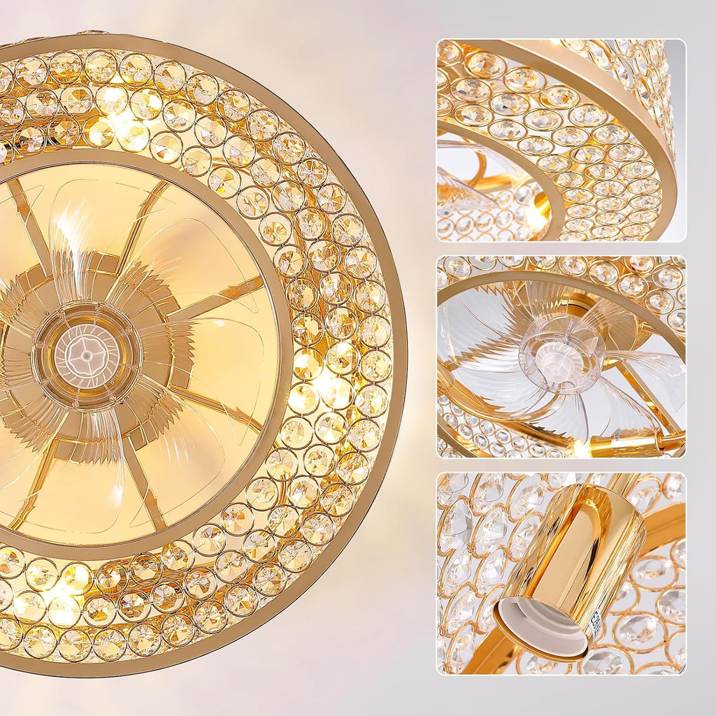 20" Caged Crystal Ceiling Fan with Lights Flush Mount Gold Fandelier Low Profile Chandelier Fan Enclosed Ceiling Fan