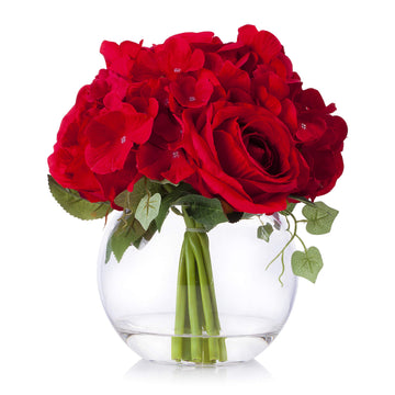 Mixed Artificial Blooming Hydrangea and Rose Flower Arrangement in Clear Glass Vase with Faux Water Wedding
