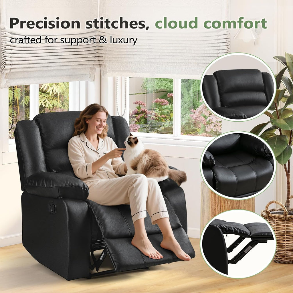 Black Recliner Chair with Overstuffed Arm and Back, Breathable Faux Leather Manual Reclining Chairs, Living Room