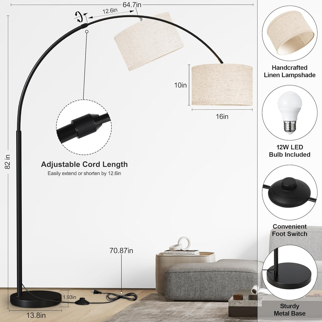 82" Tall Arc Floor Lamps, Large Floor lamp with Length Adjustable, Modern Curved Floor lamp, Corner Lamp, Black