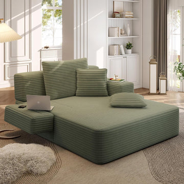 60.2" Oversized Chaise Lounge Chair, Boneless Corduroy Cloud Couch, Deep Seat Convertible Sofa Bed with 3 Pillows