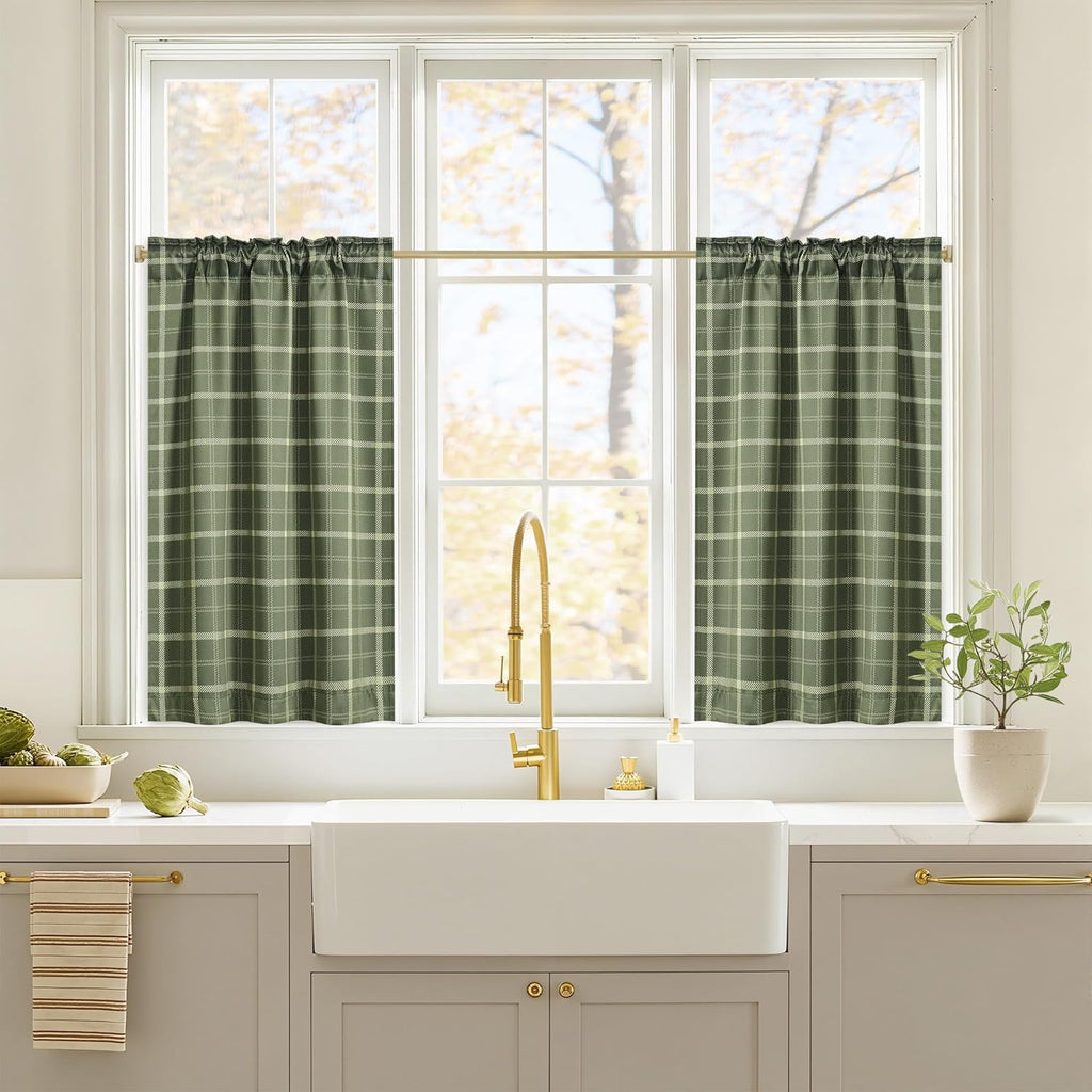 Olive Green Farmhouse Gingham Tiers Kitchen 100% Blackout Curtains, Buffalo Plaid Check Half Window