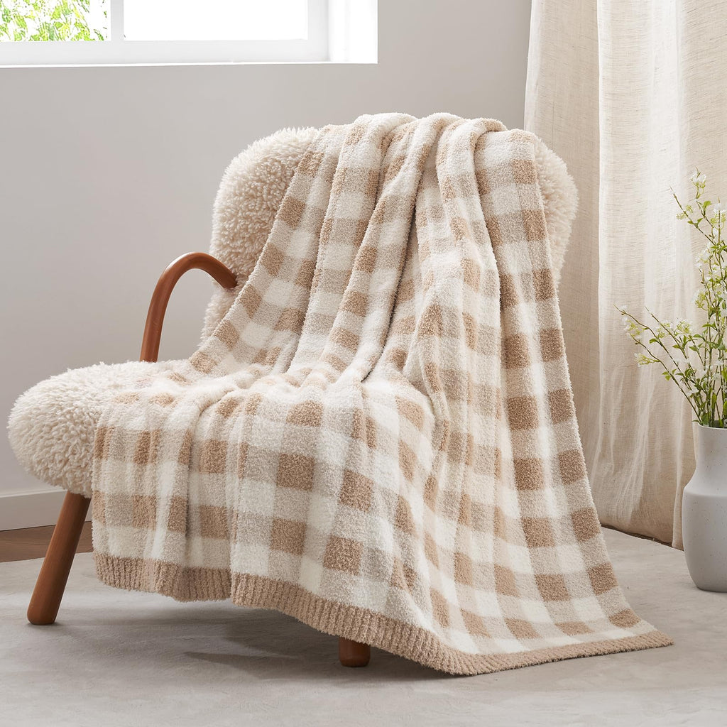 Checkered Throw Blanket for Couch, Super Soft Cozy Warm Knit Netural Decorative Fluffy Blankets, Reversible Buffalo