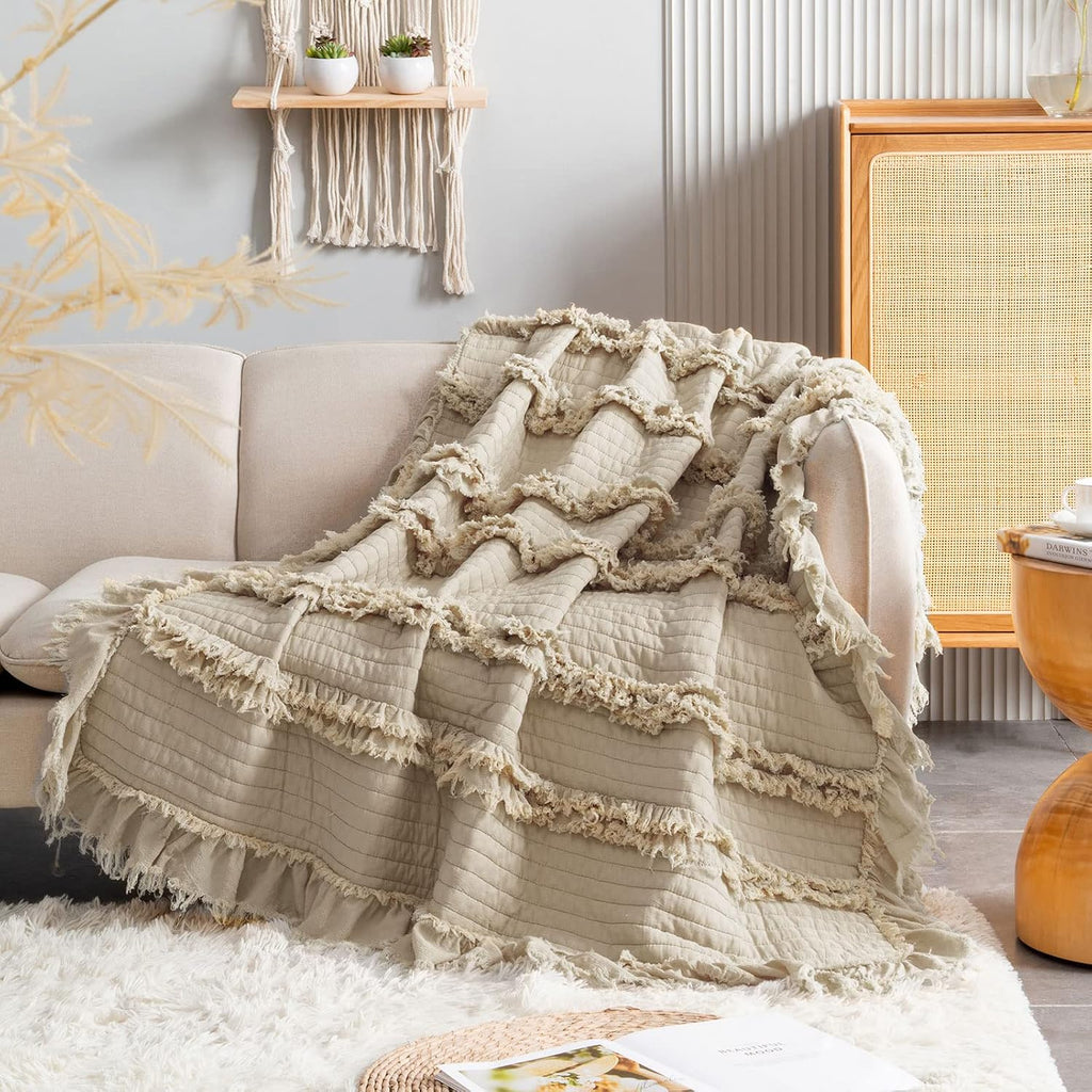 Ultra Soft Pre-Washed Quilted Boho Throw Blanket, Ruffle Fringed Beige Decorative Throw, Stone Washed Chic Rustic