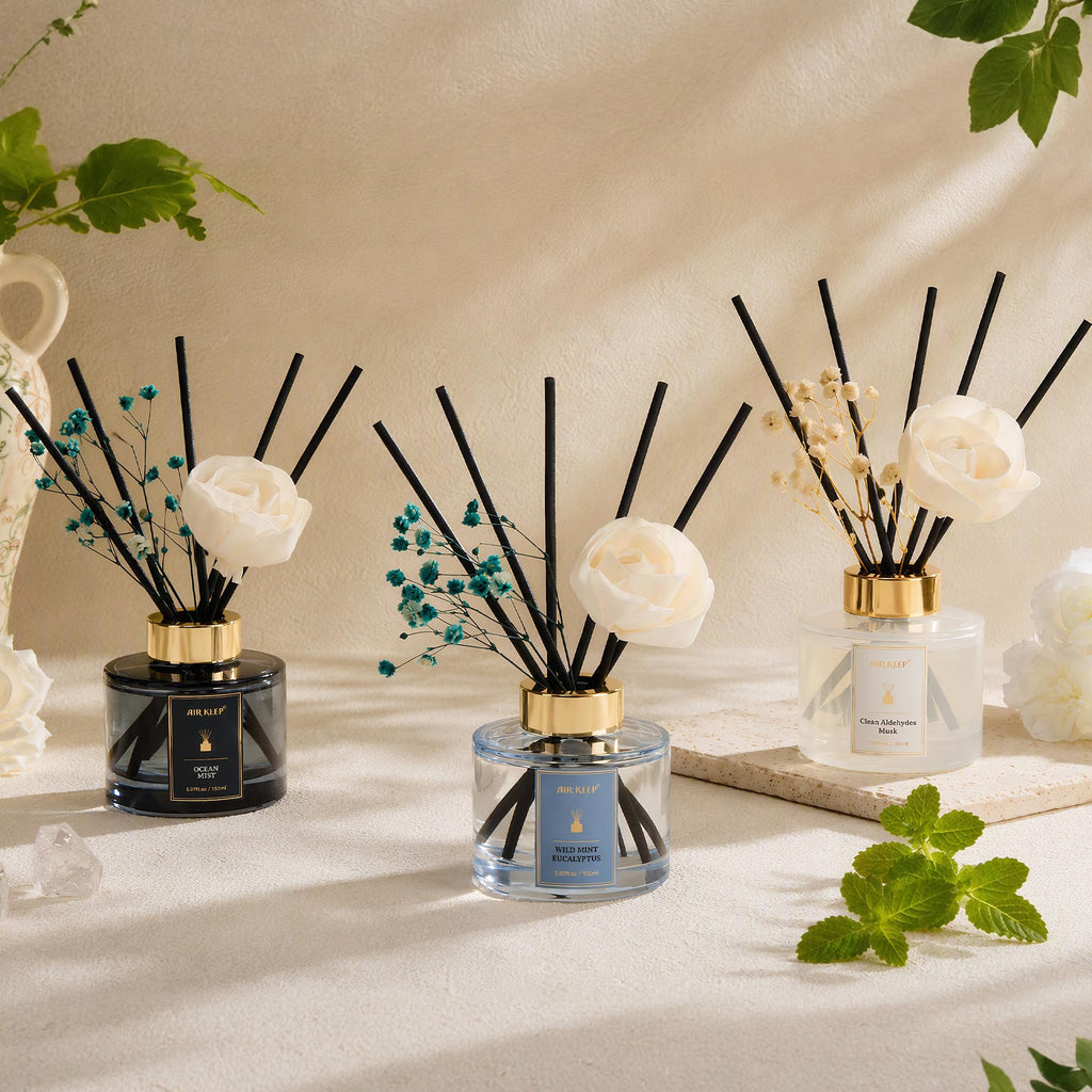 Flower Reed Diffusers Set, 5.07 oz Ocean Mist Scented Oil Diffuser with 8 Reed Sticks, Home Fragrance Diffuser Gift