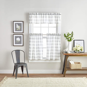 Country Modern Rustic Farmhouse Buffalo Check Kitchen Curtains Window Valance and Cafe Tiers, 3-Piece Set, 36-inch