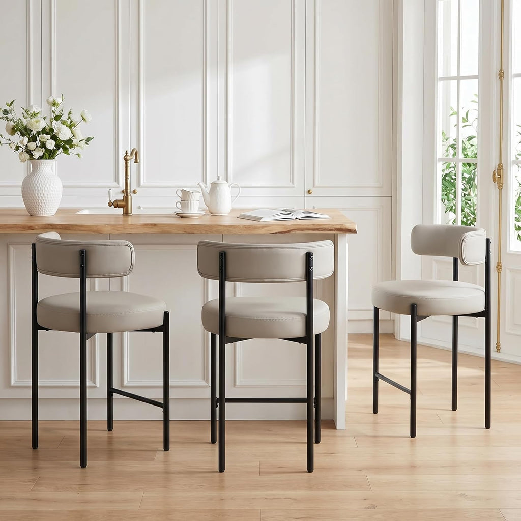 Counter Height Bar Stools Set of 3, 24'' Faux Leather Bar Stools with Back, Mid-Century Modern Bar Chairs