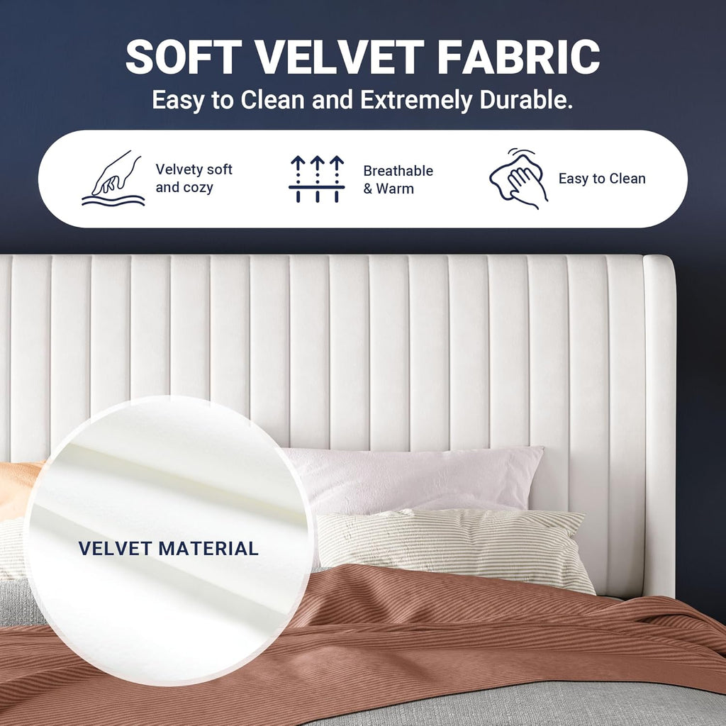 Queen Velvet Bed Frame/Vertical Channel Tufted Wingback Headboard/Upholstered Platform Bed/Strong Wooden Slats/No Box