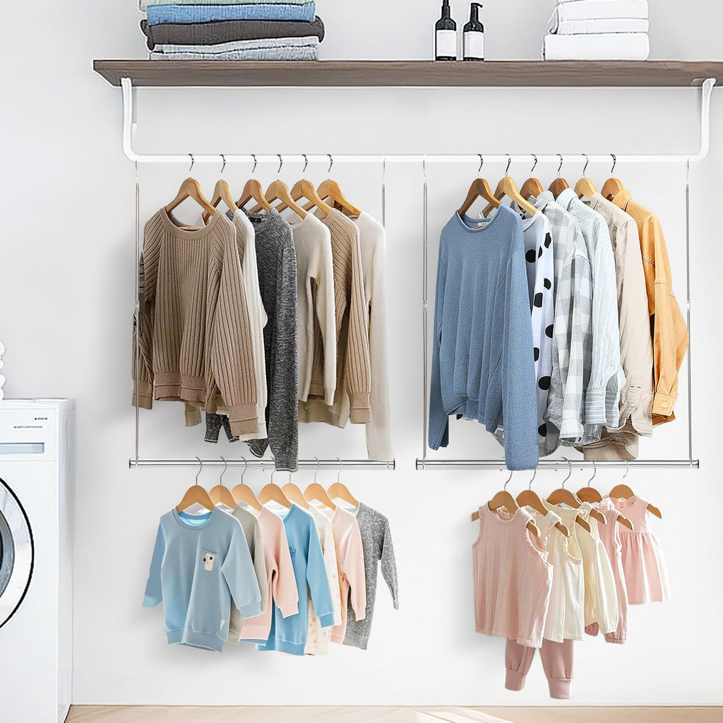 Hanging Closet Rod, Adjustable Width and Height Closet Hanging Organizer, Space-Saving Clothes Hanging Bar, Closet