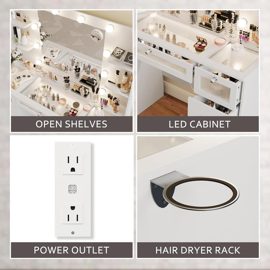 White Vanity with Lighted 23.5" Mirror, Glass Top Vanity 9 Drawers | Makeup Vanity Desk with 3 Color Hollywood Bulbs