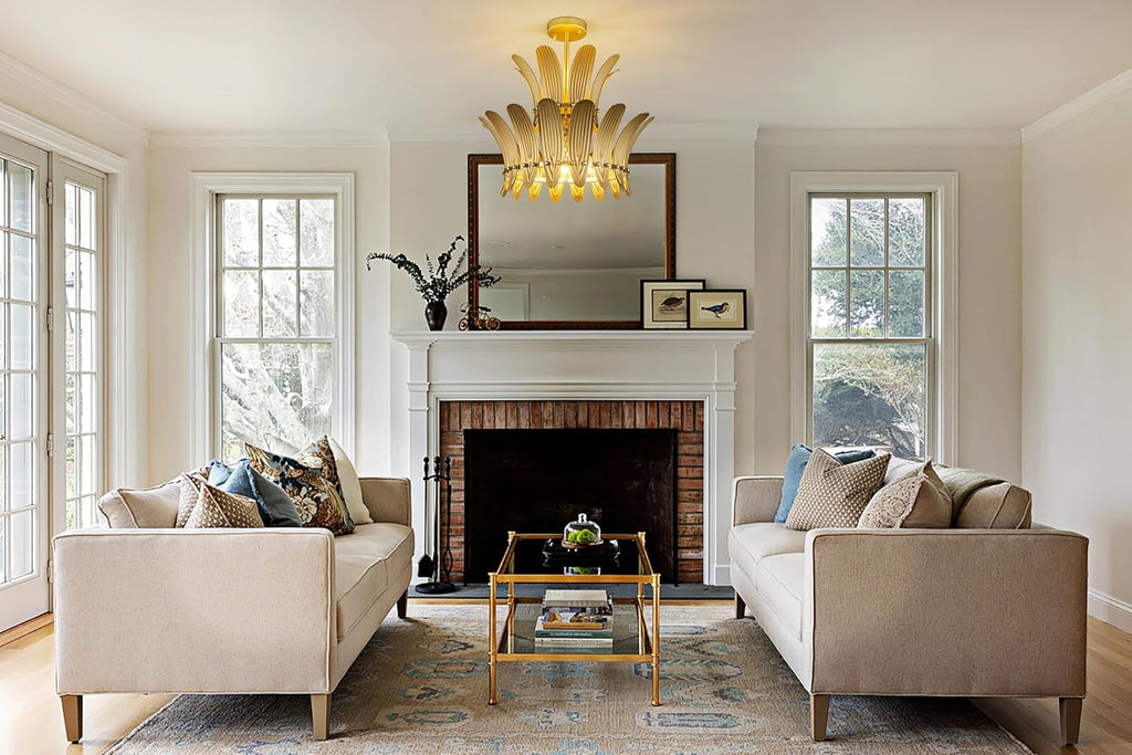 Gold Flush Mount Ceiling Light Fixture, 5 Lights Farmhouse Leaf Chandelier for Dining Room, Modern Semi Flush Ceiling