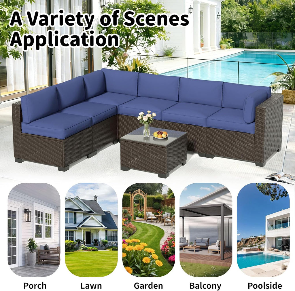 7-Piece Outdoor Sectional Patio Furniture Set, All-Weather Wicker Rattan Sofa w/Thick Washable Cushions & Tempered