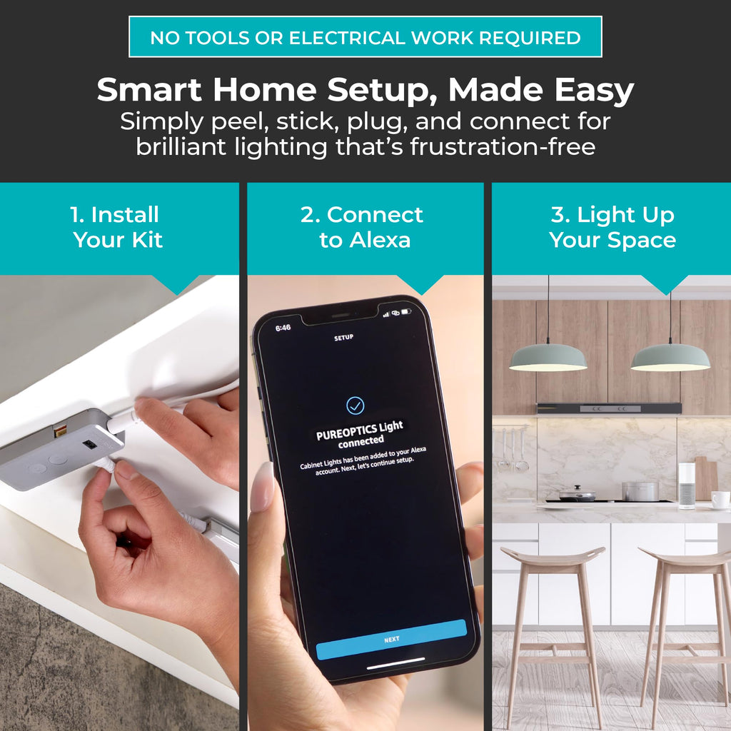Works with Alexa Smart Under Cabinet Lighting Kit, Adjustable LEDs, (6) 9" Bars, White