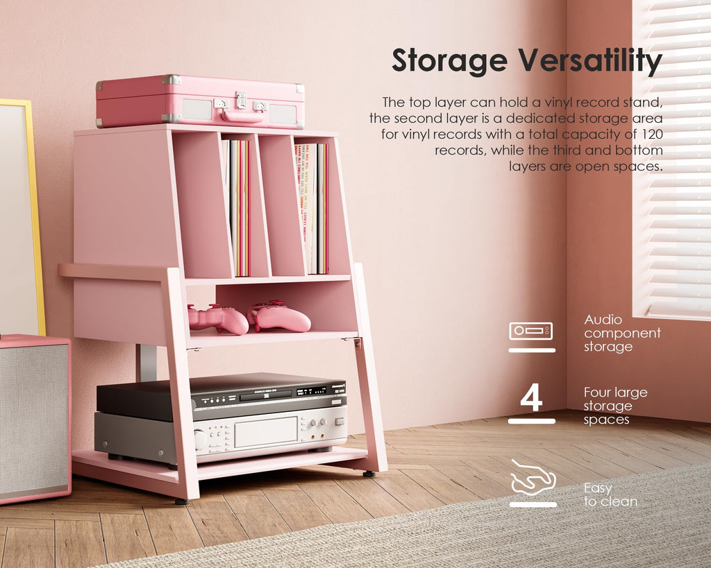 Record Player Stand with Storage for 120 Vinyl Records, Pink