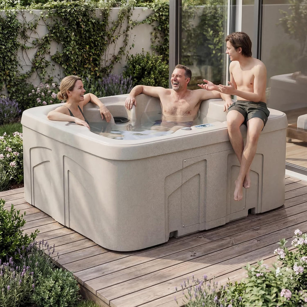 4 Person Square Hot Tub Spa with Black Cover & Molded Spa Step, Sand