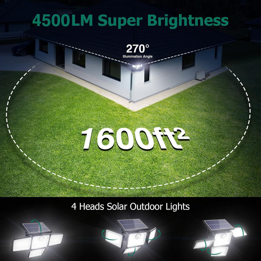 4500LM Solar Lights Outdoor, 4 Adjustable Heads Motion Sensor Lights, 3 Modes, 6500K, IP65 Waterproof Solar Security