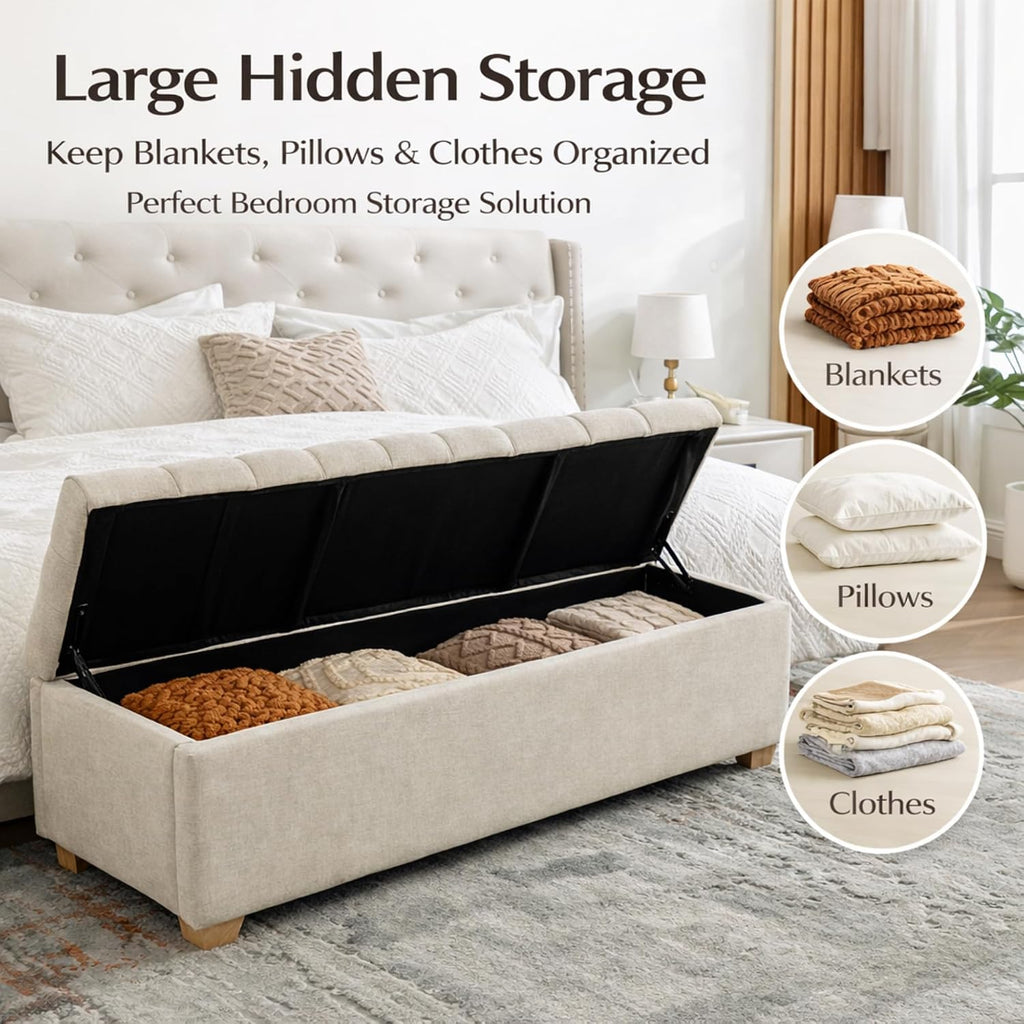 60.2" Storage Bench, End of Bed Storage Benches, Chenille Fabric Upholstered Ottoman Bench with Safety Hinge Entryway