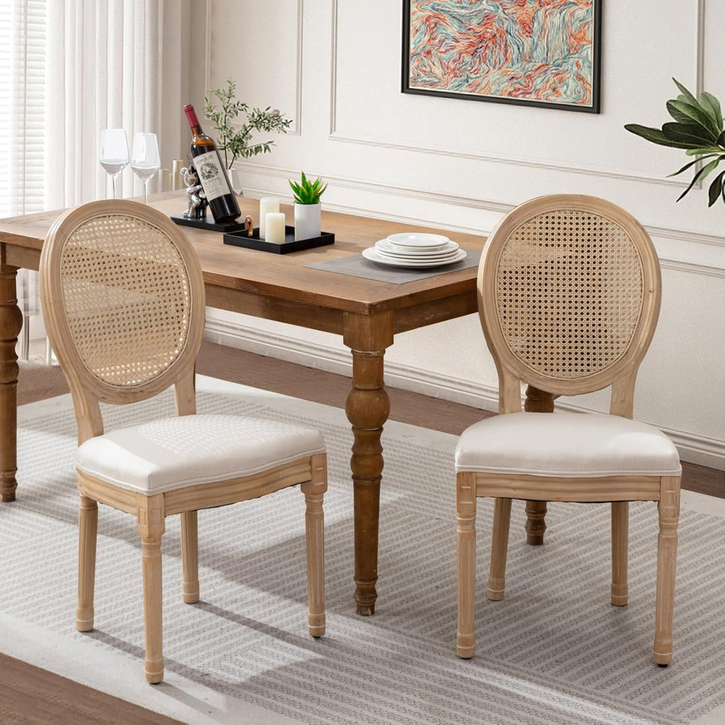 French Country Dining Chairs Set of 2, Farmhouse Rattan Dining Chairs with Round Back and Wood Legs for Kitchen or Bedroom, Beige