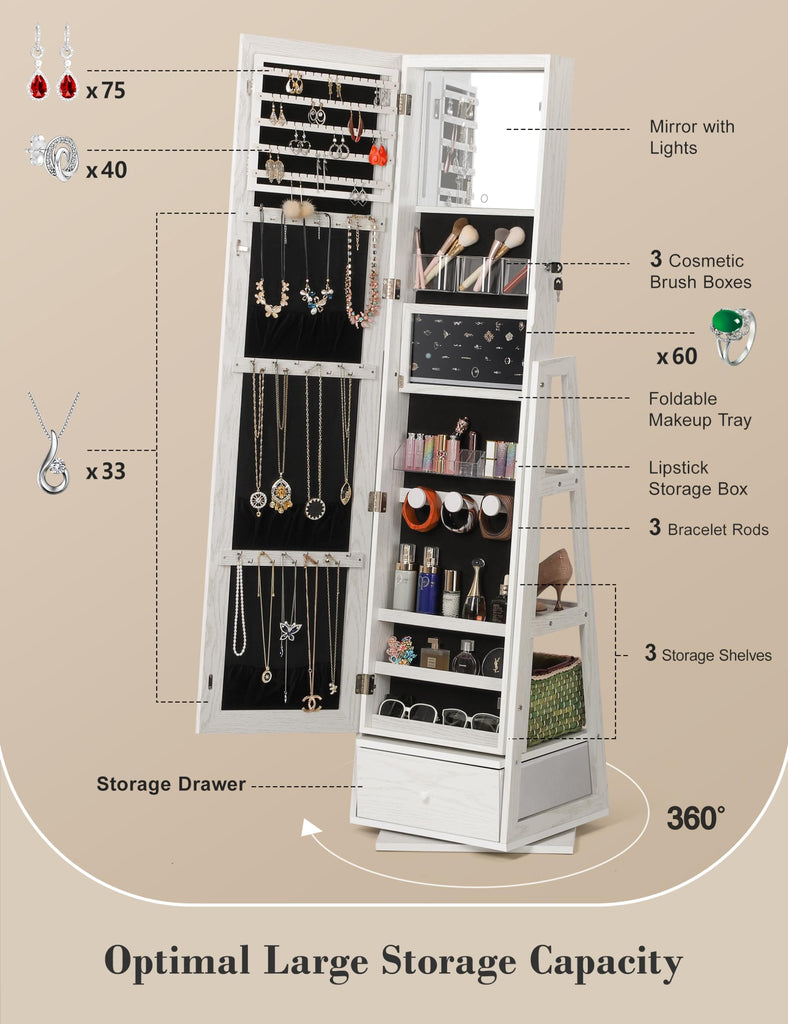 360° Swivel Jewelry Cabinet with Lights, Full Length Mirror, Lock