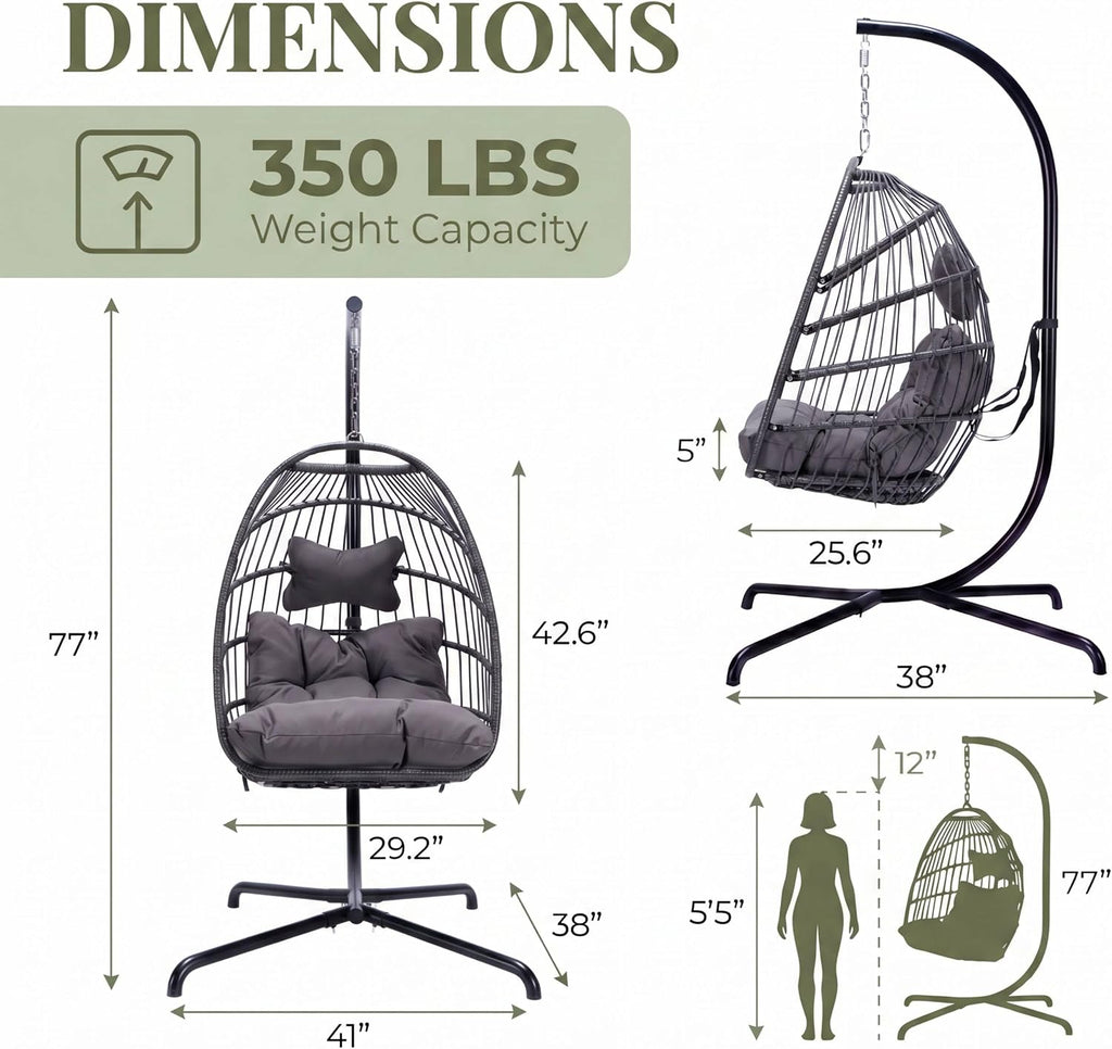 Outdoor Hanging Egg Chair with Stand, Foldable Egg Swing Chair | 350 lbs Heavy Duty, Dark Gray, Wicker Hanging Egg