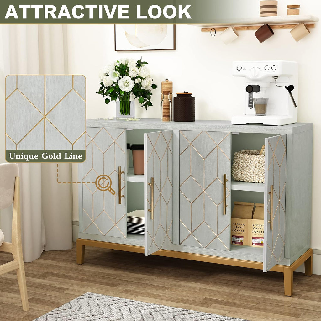 48" Accent Cabinet with 4 Doors and Shelves, Modern Credenza Storage Cabinet with Gold Trim, Green Buffet Cabinet