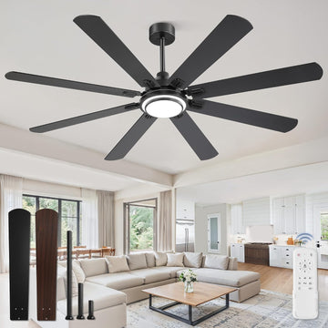 72 Inch Ceiling Fans with Lights and Remote, Black Ceiling Fan with 8 Dual-Color Blades