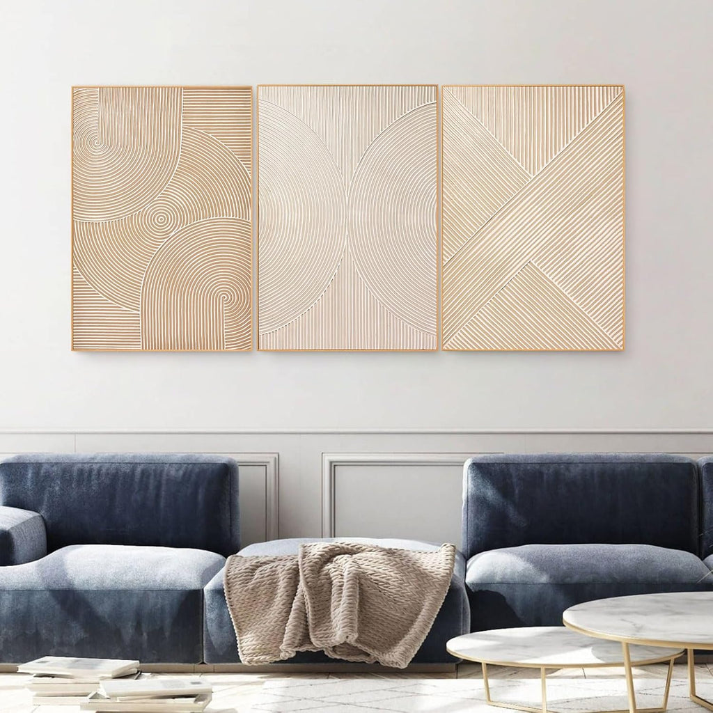 Large Textured 3D Wall Art Neutral Set of 3- and-Painted Abstract Canvas Framed Paintings Brown - Modern