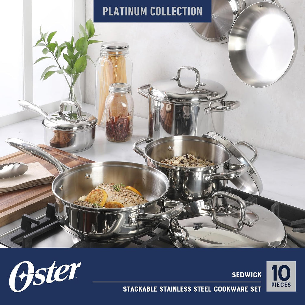 Platinum Sedwick 10-Piece Stackable Stainless Steel Pots and Pans Cookware Set W/Domed Stainless Steel Lids W/TriPly