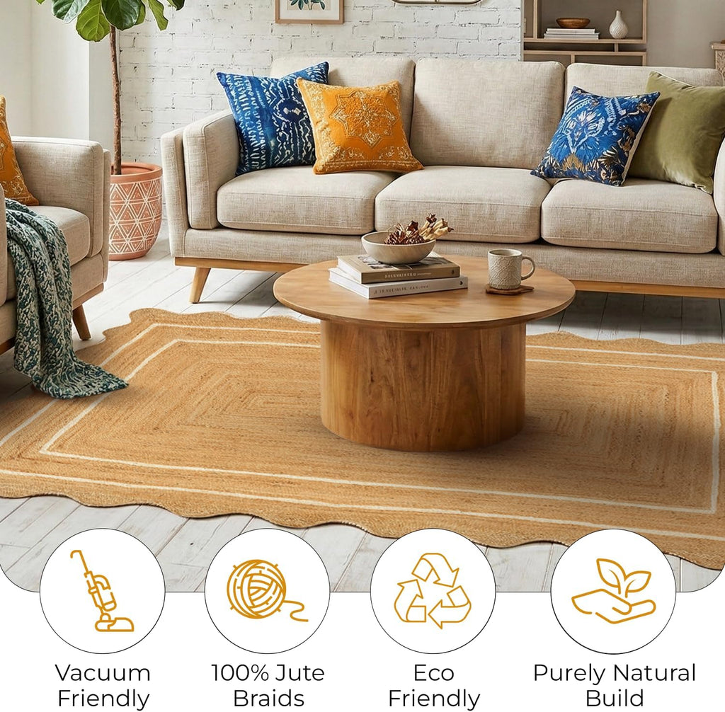 Jute Area Rug 9'x12' ft Wave Scalloped Natural Ivory Border Handwoven Boho Reversible Rustic Vintage Farmhouse Soft