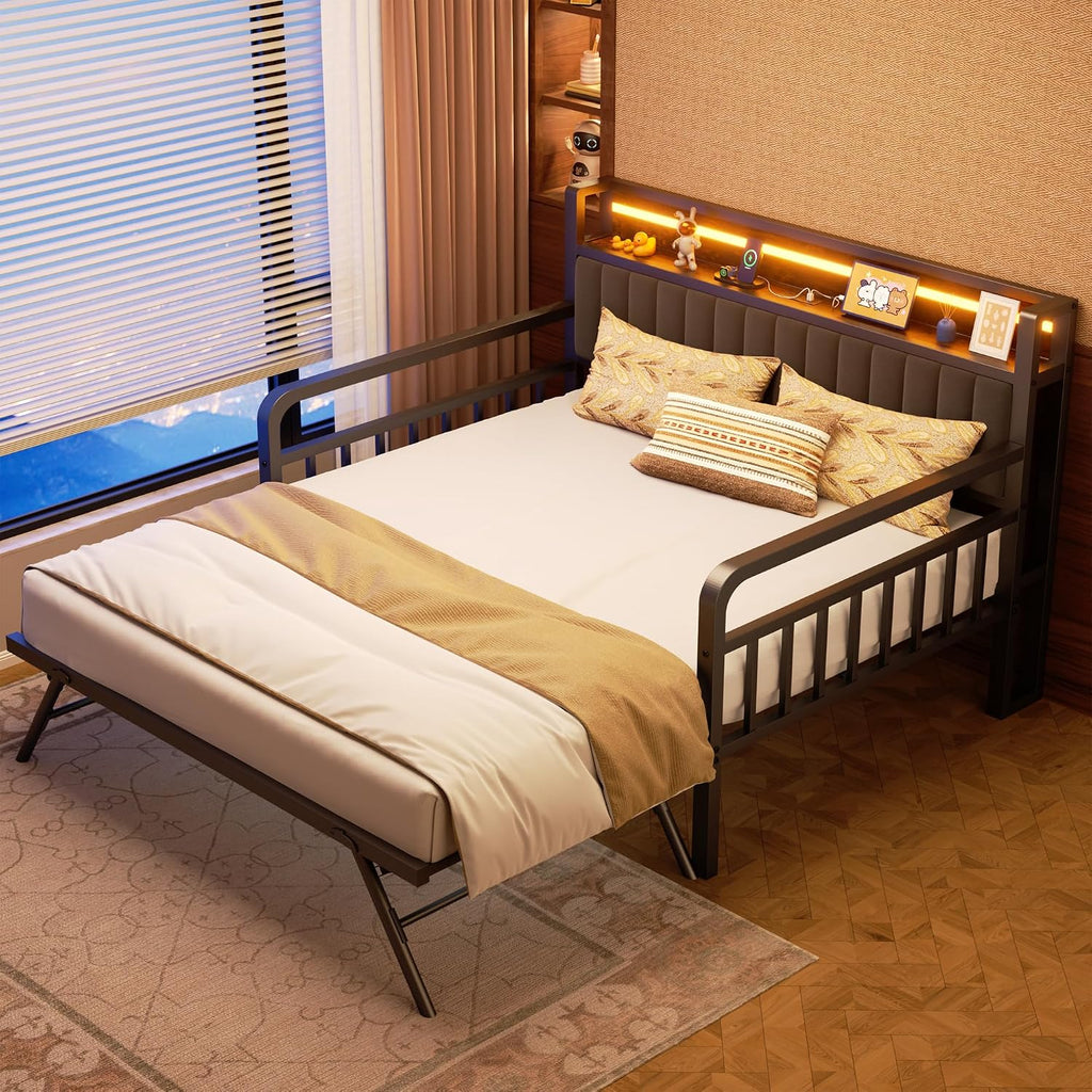 Daybed with Trundle and LED Light, Heavy Duty Metal Full Bed Frame with Upholstered Storage Headboard & Charging