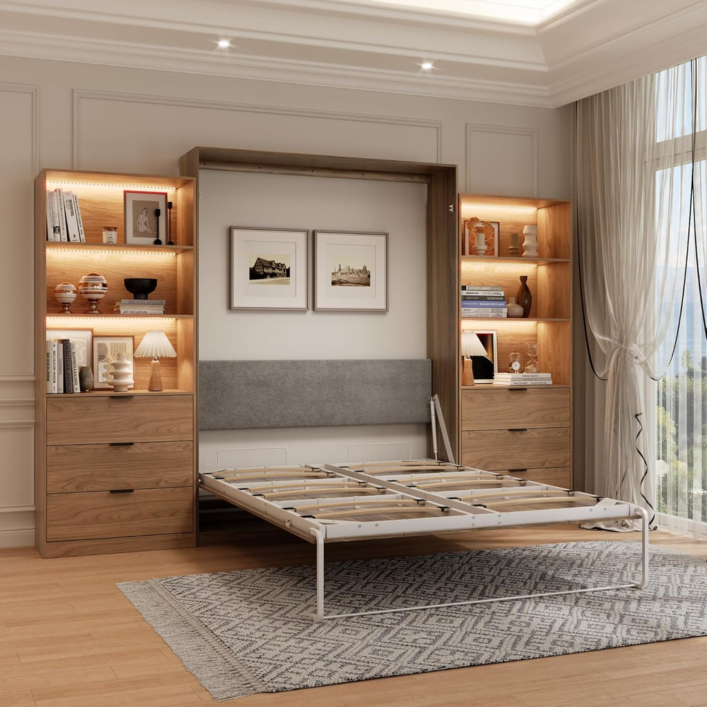 Queen Murphy Bed,Farmhouse Guest Beds,Folding Wall Bed with Hydraulic Bar,64" W Twin Murphy Beds with 2 LED Storage
