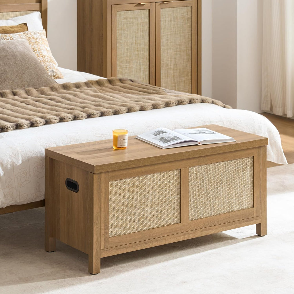 Rattan Storage Chest 39.4" Storage Bench | Boho Storage Truck with 2 Safety Hinges and Flip Top Entryway, Supports