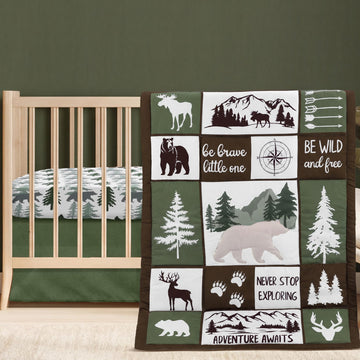 3 Piece Patchwork Woodland Bear Elk Crib Bedding Set for Baby Boys