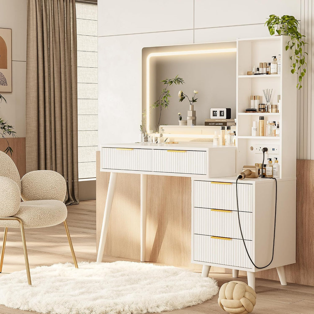 Vanity Desk with Mirror and Lights, Makeup Vanity Desk with Power Outlet, Makeup Desk with 5 Drawers&Storage Shelves